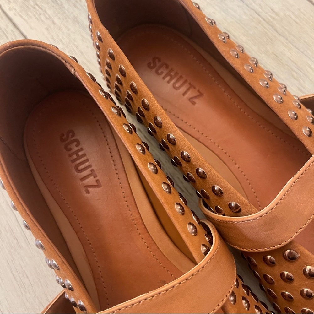 NWOT: SCHUTZ Eizas Brown Studded Flats with Bronze studs and buckle closure - Picture 2 of 5